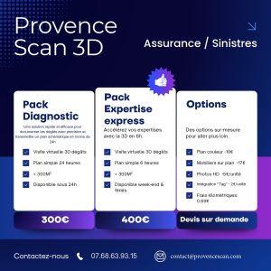 Tarifs visite virtuelle 3D assurance et sinistres Provence Scan 3D – pack Diagnostic et pack Expertise express