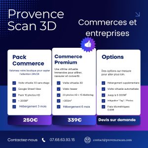 Tarifs visite virtuelle 3D commerces et entreprises Provence Scan 3D – packs Découverte et Premium