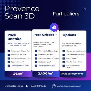Tarifs visite virtuelle 3D pour particuliers Provence Scan 3D – packs Immobilier et Premium