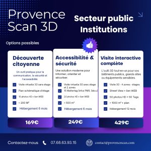Tarifs visite virtuelle 3D pour institutions publiques Provence Scan 3D – packs Standard et Premium