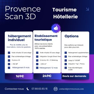 Tarifs visite virtuelle 3D hôtels et tourisme Provence Scan 3D – packs Standard et Premium