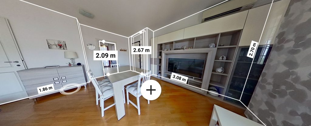 Visite 3D d’un salon avec mesures précises des murs et du mobilier