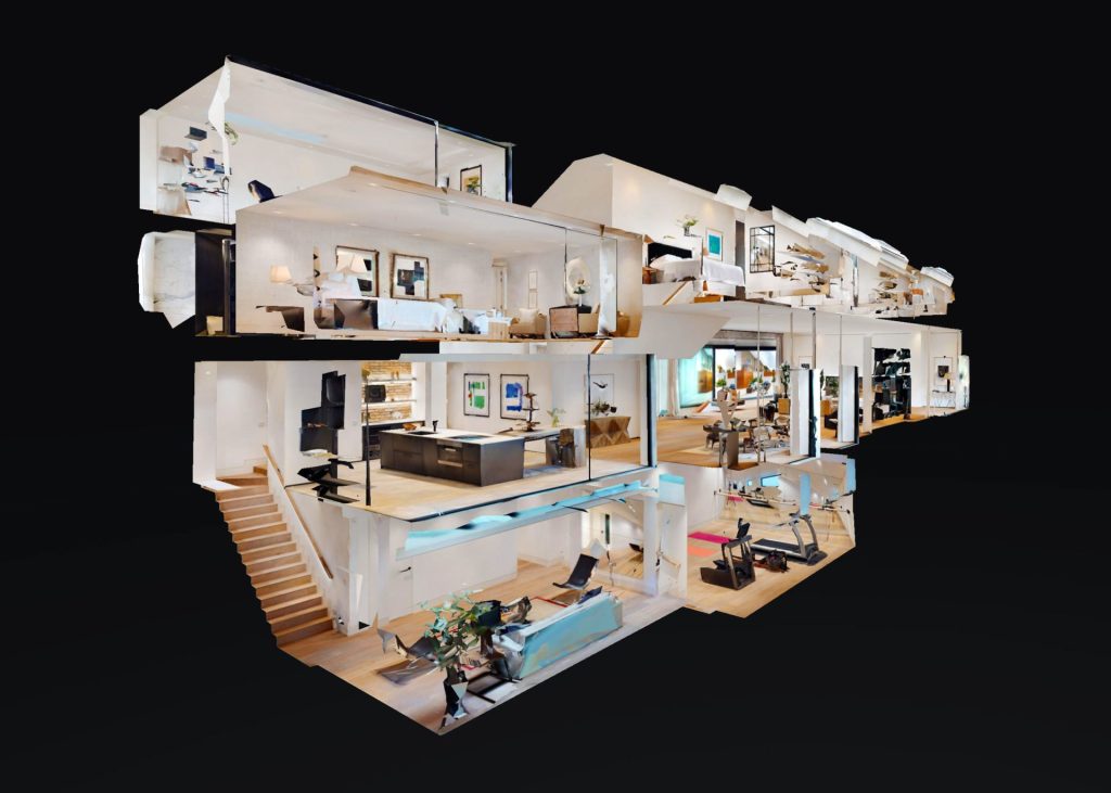 Vue en ‘dollhouse’ 3D d’une maison modélisée par Matterport montrant plusieurs étages