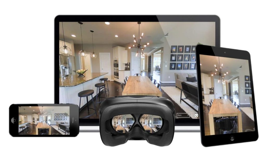 Casque VR et appareils mobiles affichant une visite virtuelle 3D PACA Matterport sur smartphone, tablette et ordinateur portable