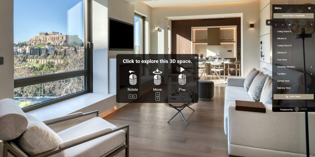 Exemple de visite virtuelle immobilière 3D d’un appartement moderne avec salon lumineux et vue panoramique, permettant aux particuliers d’explorer le bien à distance
