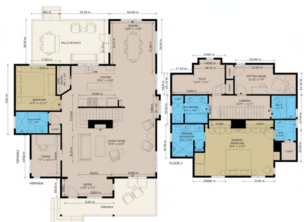 Exemple de plan schématique Matterport en français avec cotes précises