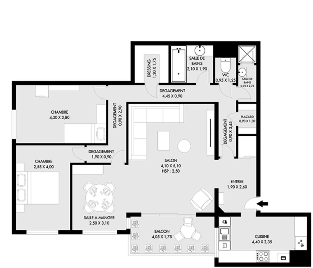 Plan schématique en noir et blanc avec meubles et dimensions pour visite virtuelle 3D