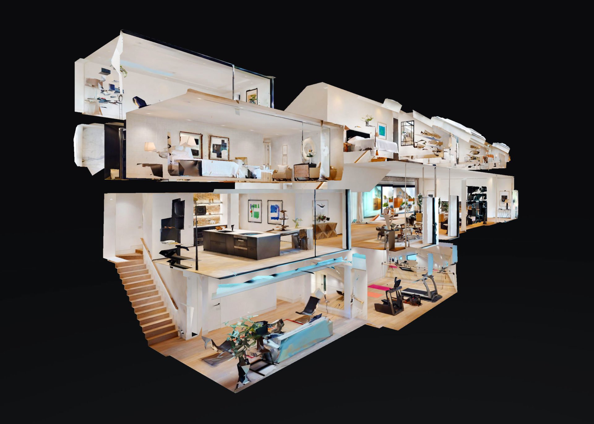 Vue en maison de poupée d'une visite virtuelle immobilière montrant la structure 3D complète et l'agencement des pièces.