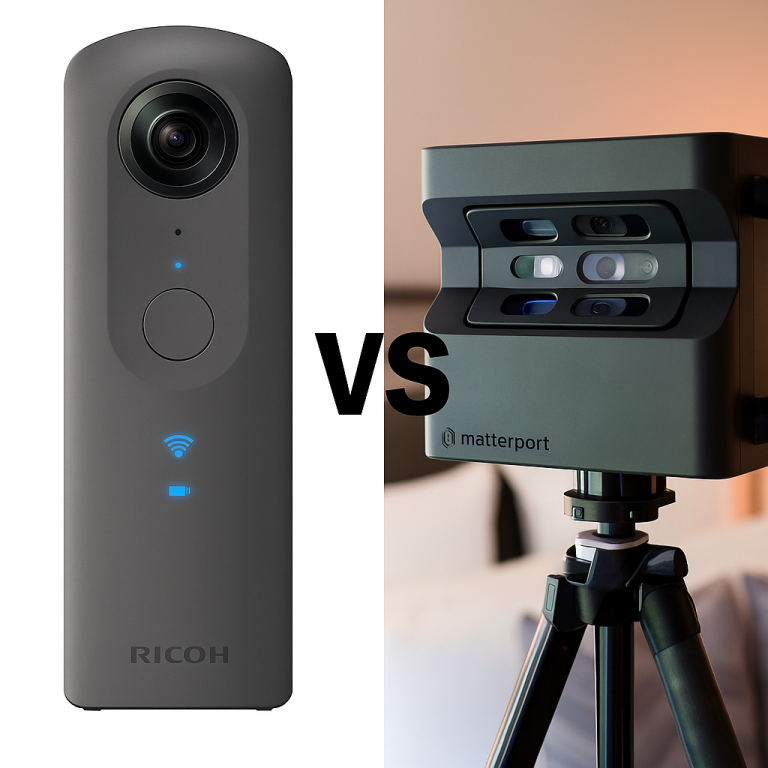 Comparatif caméra 360 Ricoh vs technologie Matterport Pro pour visites 3D professionnelles