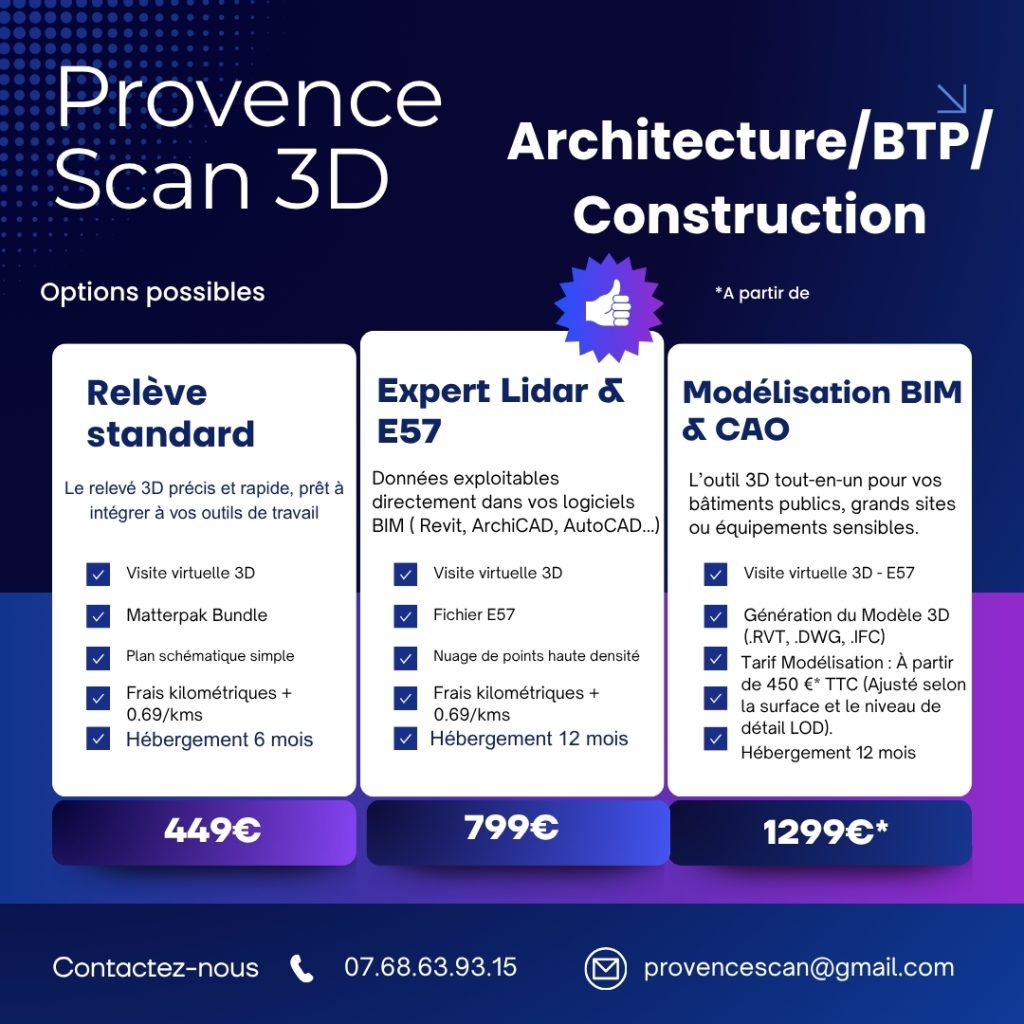 Tableau des tarifs Provence Scan 3D pour l'architecture et le BTP à Digne-les-Bains : packs Relevé Standard, Expert LiDAR E57 et Modélisation BIM/CAO avec Matterport Pro 2.