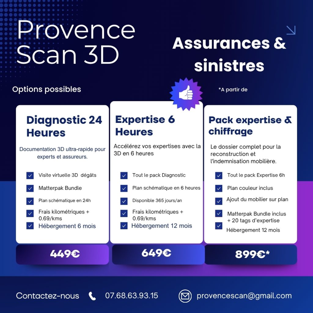 Grille tarifaire Provence Scan 3D pour les assurances et sinistres à Digne-les-Bains : Packs Diagnostic 24h, Expertise 6h et Expertise & Chiffrage. Relevés Matterport Pro 2 ultra-rapides pour experts et assureurs avec plans schématiques et Matterpak Bundle.