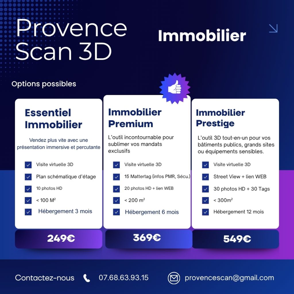 Grille tarifaire Provence Scan 3D pour l'immobilier : Packs Essentiel, Premium et Prestige. Visite virtuelle Matterport Pro 2, plans 2D et photos HD pour la vente de maisons et appartements à Digne-les-Bains.