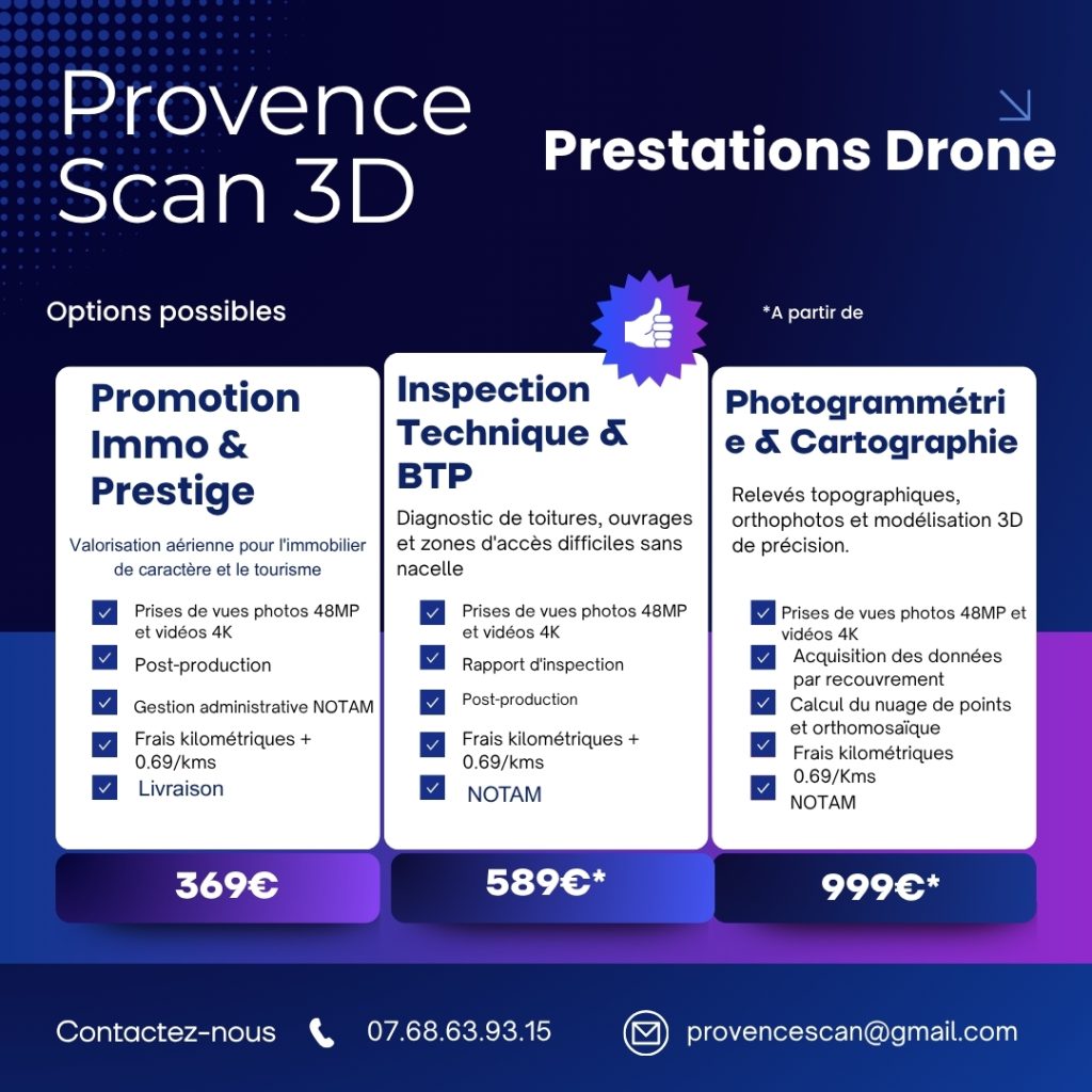 Grille tarifaire Provence Scan 3D pour les prestations par drone : Promotion Immo & Prestige, Inspection Technique & BTP, et Photogrammétrie & Cartographie. Télépilote professionnel à Digne-les-Bains proposant photos 48MP, vidéos 4K, NOTAM et nuages de points.
