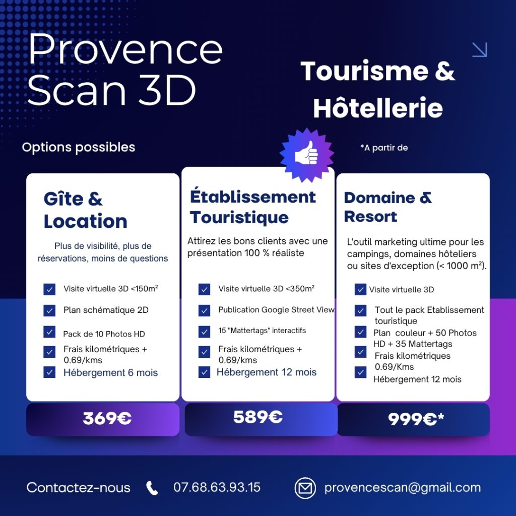 Tableau des tarifs Provence Scan 3D pour le tourisme et l'hôtellerie : Packs Gîte & Location, Établissement Touristique et Domaine & Resort. Visites virtuelles Matterport Pro 2 avec intégration Google Street View pour hôtels et campings à Digne-les-Bains.