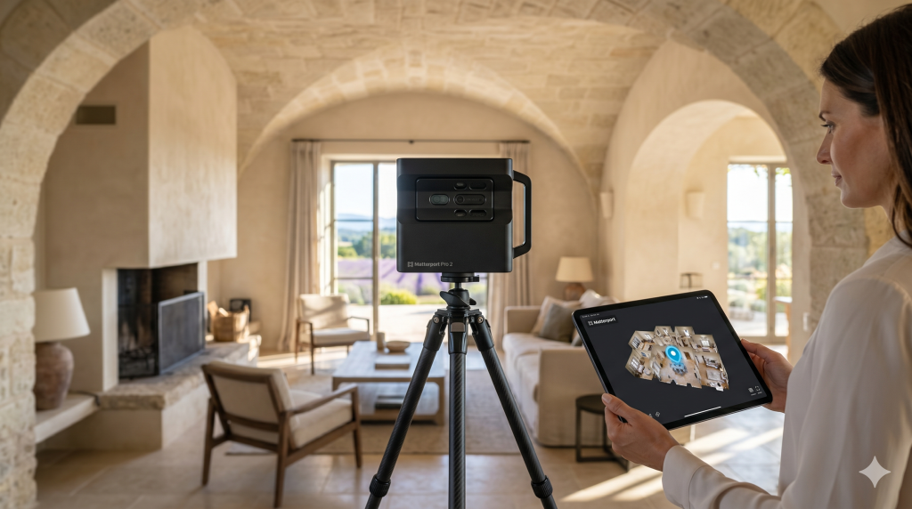 Captation d'une visite virtuelle 3D d'une caméra matterport pro 2 dans les alpes de haute provence