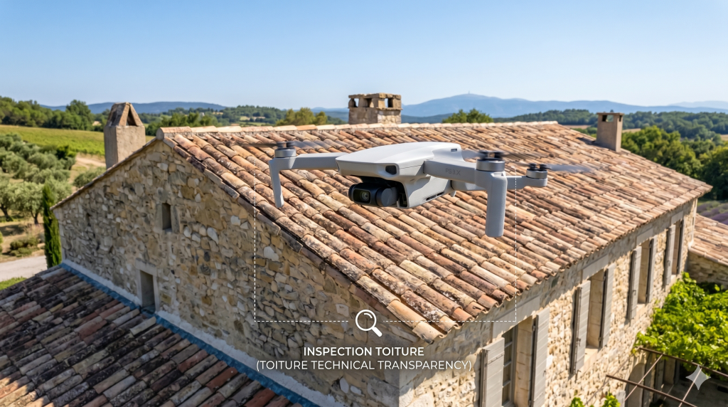 drone qui fait des photos d'une toiture en vue d'un diagnostic complet en Provence