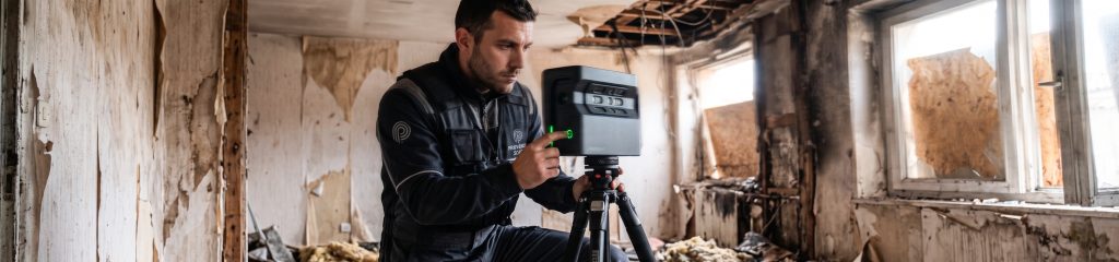 Un technicien en tenue de travail sur une urgence sinistre paca portant un logo ajuste un scanner 3D sur un trépied à l'intérieur d'une pièce d'un bâtiment délabré, avec du papier peint décollé, un plafond endommagé et des signes de dommages.