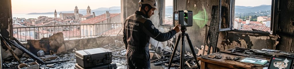 Un technicien de Provence Scan, équipé d'un casque de protection et d'une combinaison de travail, utilise un scanner laser professionnel Leica BLK360 monté sur trépied à l'intérieur d'un appartement dévasté par un incendie. À travers la fenêtre sans vitre, on aperçoit une vue panoramique sur un village provençal côtier au coucher du soleil. Au premier plan, des mallettes de transport robustes et une tablette affichant une visite virtuelle Matterport complètent la scène de numérisation post-sinistre.