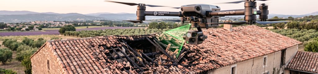 Vue aérienne rapprochée d'un drone professionnel hexacoptère de la société "Provence Scan" survolant le toit calciné d'un mas provençal traditionnel. Le drone est équipé d'une caméra à nacelle projetant un faisceau laser vert sur la structure endommagée. L'arrière-plan montre un paysage de collines, des champs de lavande et une oliveraie au coucher du soleil. L'inscription "URGENCE 7J/7" est visible sur le bras du drone.